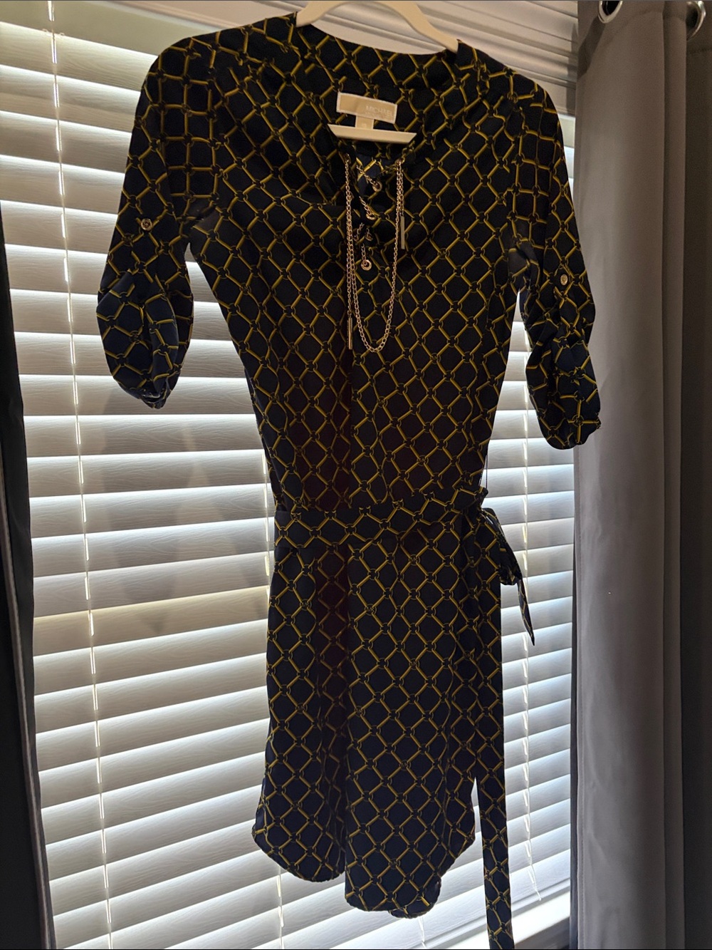 MICHAEL Michael Kors Navy and Gold Dress with Gold Chain Link Print